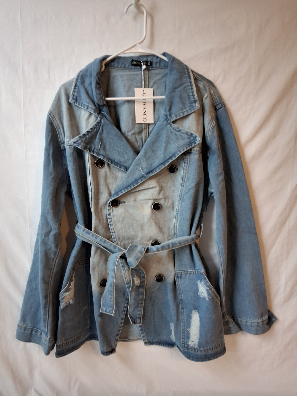 Light Blue Distressed Denim Trench Jacket